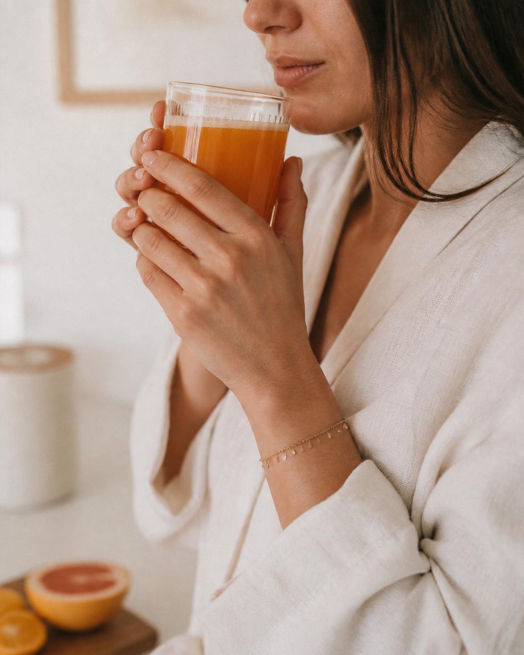 Mulher elegante bebendo o Morning Health Shot ao amanhecer